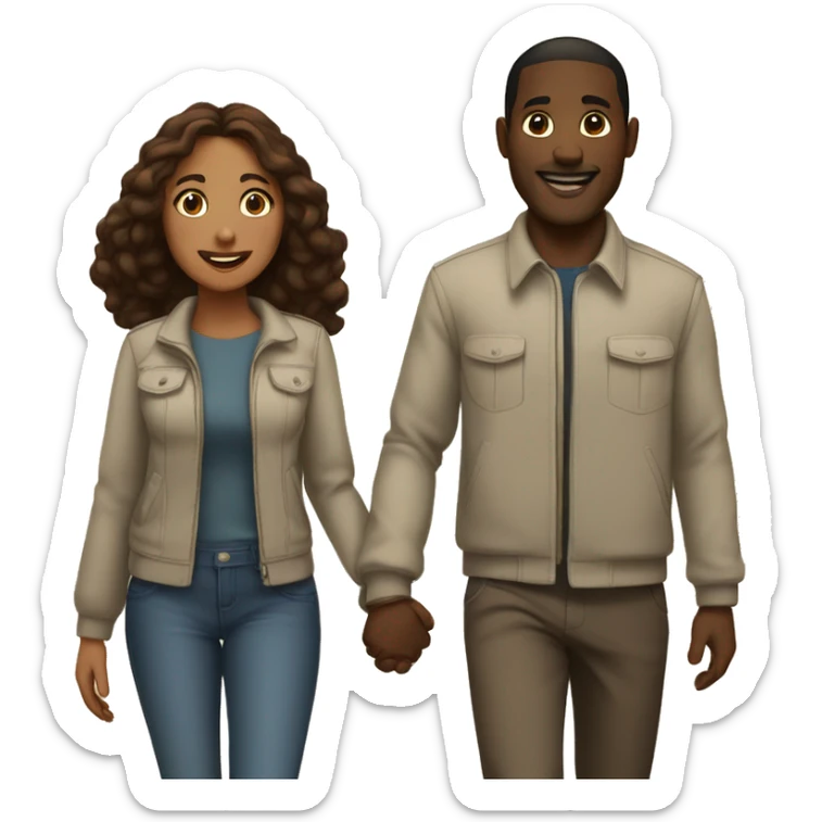 A black man  and a woman with  brown hair holding hands and walking side by side, smiling and enjoying their time together sticker