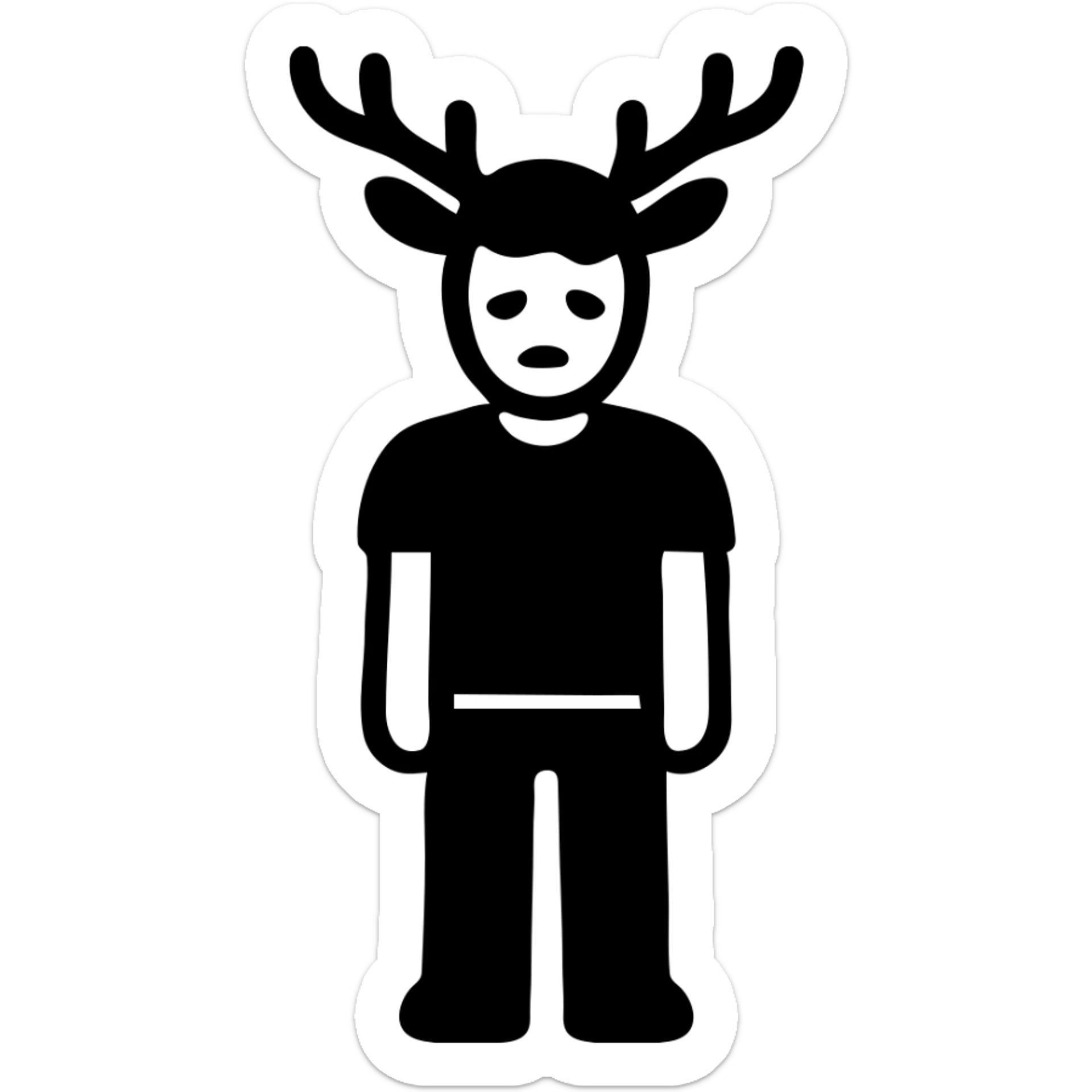 A casual guy with deer antlers, wearing a t-shirt and jeans, with a sad or thoughtful facial expression, neutral background, no snow sticker