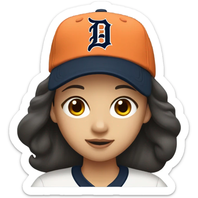 Asian girl with brunette hair wearing a Detroit Tigers baseball hat sticker