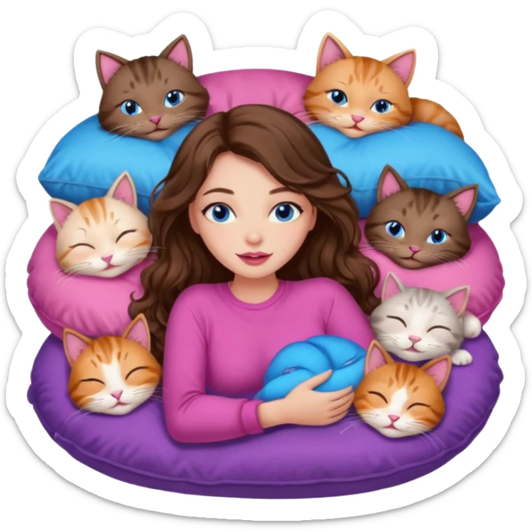 girl with long wavy brown hair, blue eyes, long lashes makeup, sexy pink lips, sleeping on a cozy pillow with 6 cats sticker