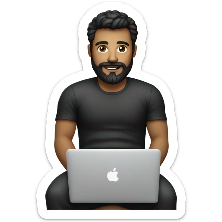 Hombre con barba con canas vestido de negro en bicicleta con una macbook y un iphone sticker