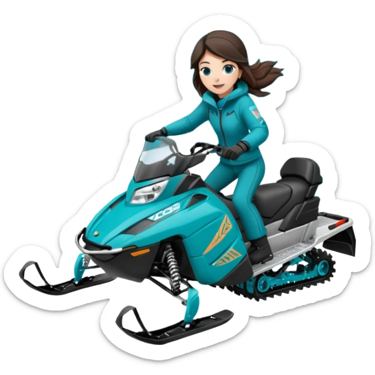 Can you create an emoji of a brunette girl on a teal polaris khaos 850 155 snowmobile doing a wheelie with snow flying sticker