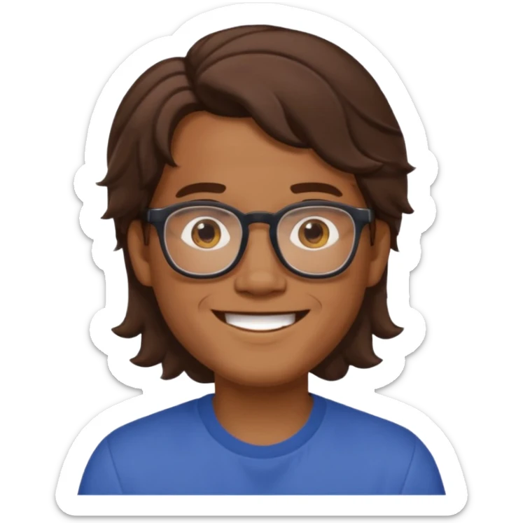 Filipino male, with goatie, wearing glasses, medium wavy length hair, brown sticker