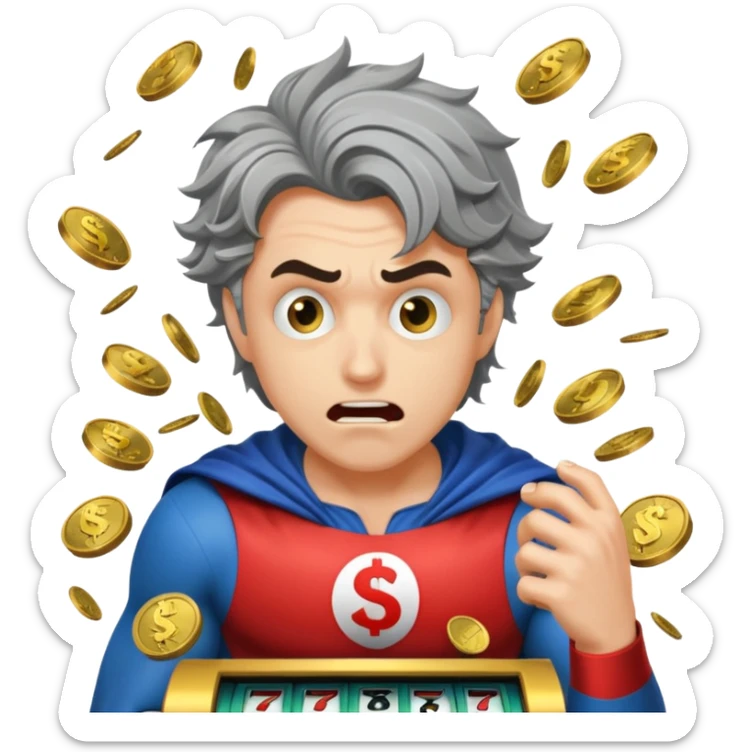 disheveled super hero losing money at a slot machine, panicked face, coins flying sticker
