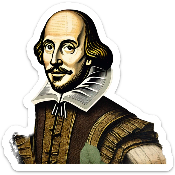 Shakespeare made of newspaper cuttings handwriting 420 hemp roses flowers plants leaves dragonfly mulberries Italy sticker