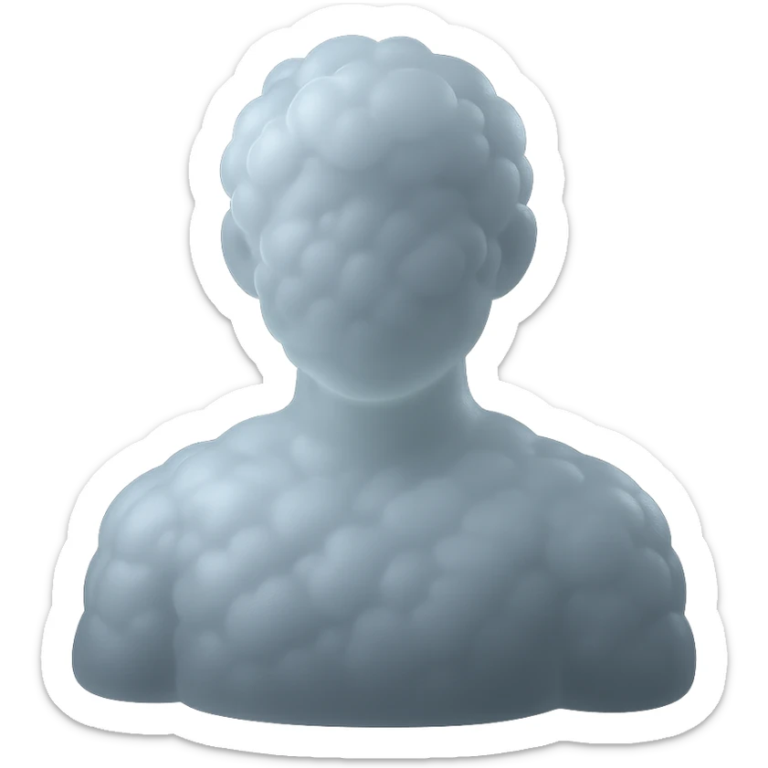 A person from the shoulders up, entirely composed of fluffy, convex white clouds. sticker