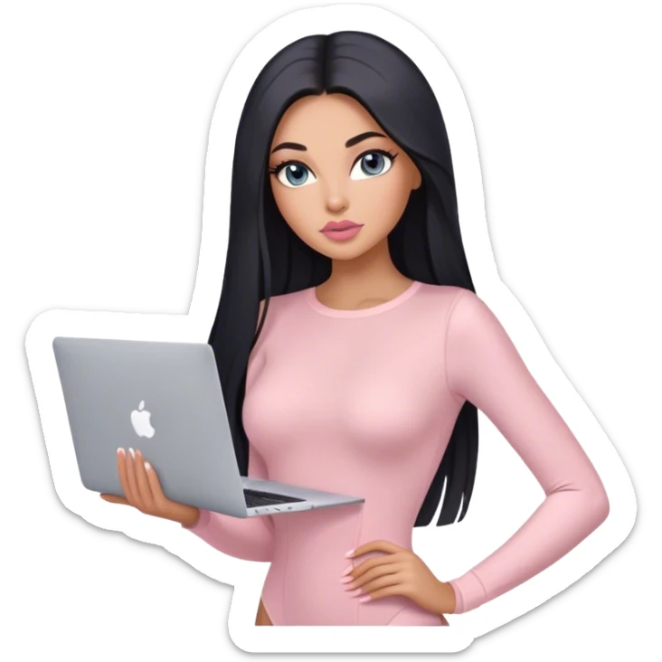 Glamours, tanned, very beautiful girl, with big pump peach-beige-rose lips, long lashes, black straight smooth silky long hair, straight parting hair, blue-grey eyes, in light-pink bodysuit holding MacBook sticker