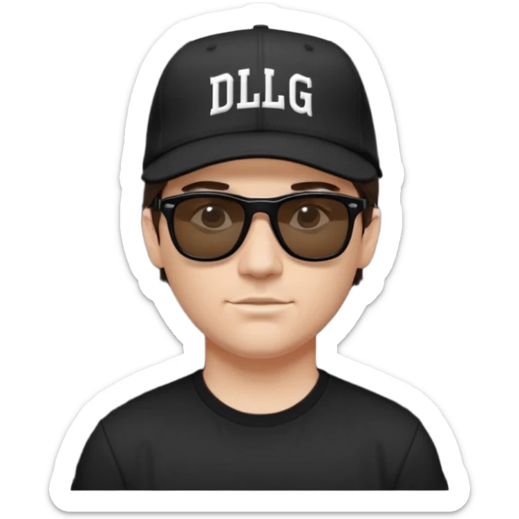 Emoji of a white man with short dark brown hair under a black baseball cap, wearing a black t‑shirt and 1980s‑style black Ray‑Ban rectangle sunglasses black lenses, with black musical notes floating around his head,  word "DLG" written on the hat sticker