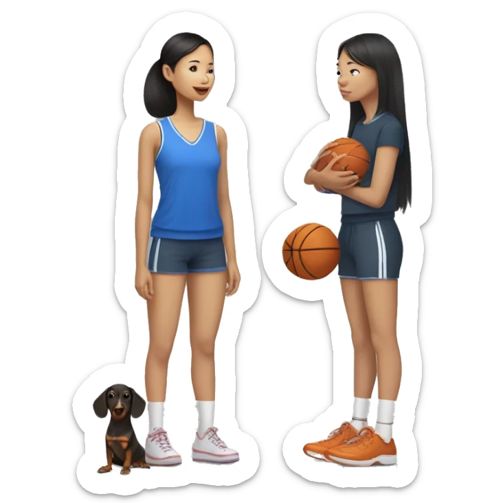 Short asian girl in basketball shorts and crocs with a dachsund sticker