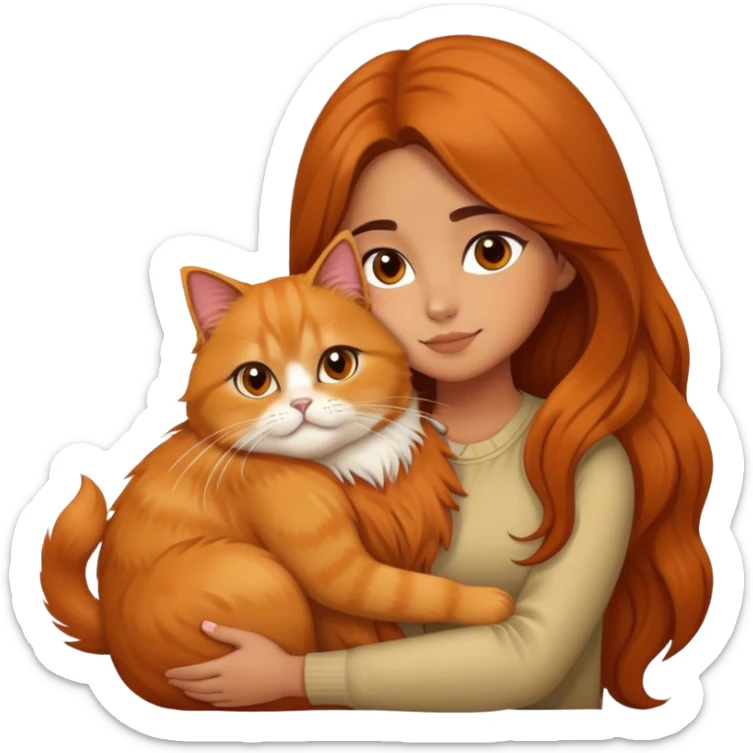 olive skin girl with long brown hair, hugging an fluffy orange persian cat sticker