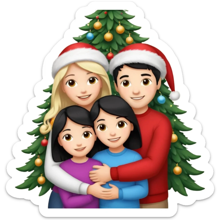 Generate Christmas-style emojis  family. Where light-skinned people stand near the tree all together, hugging and smiling. 2 girl should be Light-haired woman, 1 woman black-haired woman, and add 1 man  sticker