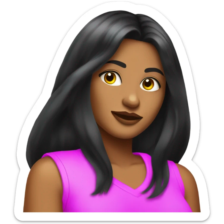 Tanned woman with long black hair dressed in Y2K hair, makeup, and neon attire sticker