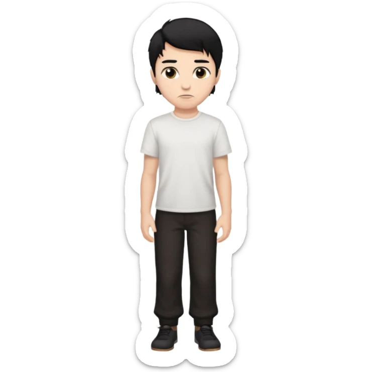 make a white boy with black hair and brown highlights with dark brown eyes with a plain white shirt and black plain pants with a nose piercing  sticker