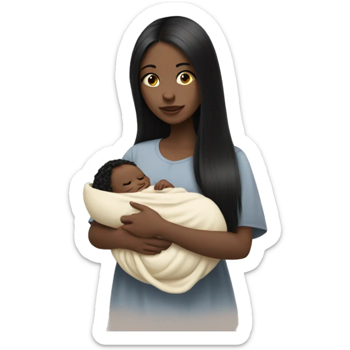 Pale girl with long black hair is holding a pale newborn baby sticker