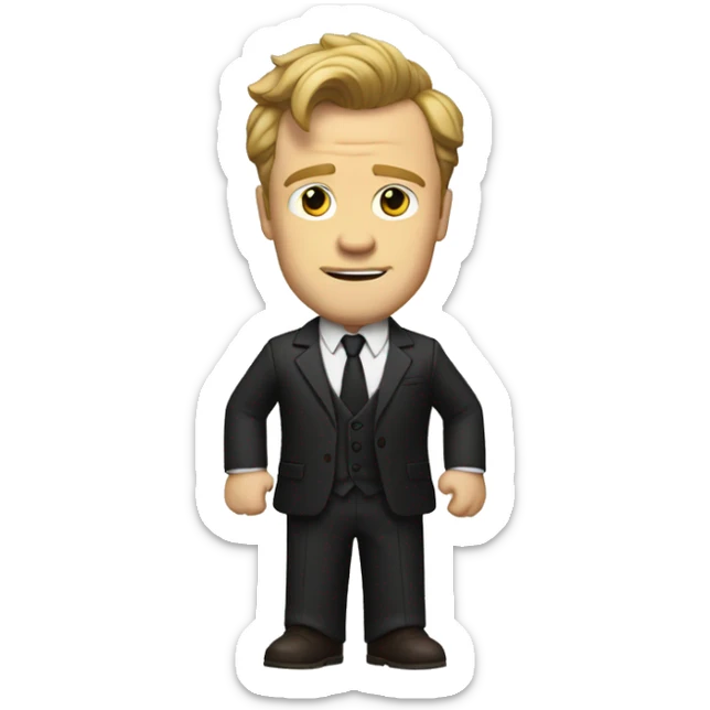Barney Stinson, with a short face and dark blond hair sticking up at the front, in a cream-black suit sticker