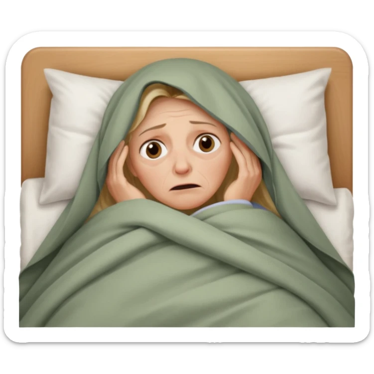 A 55-year-old woman lying in bed, unable to sleep. She looks exhausted and desperate, with visible dark circles under her eyes, tired facial expression. She is under the blankets, staring at the ceiling.  sticker