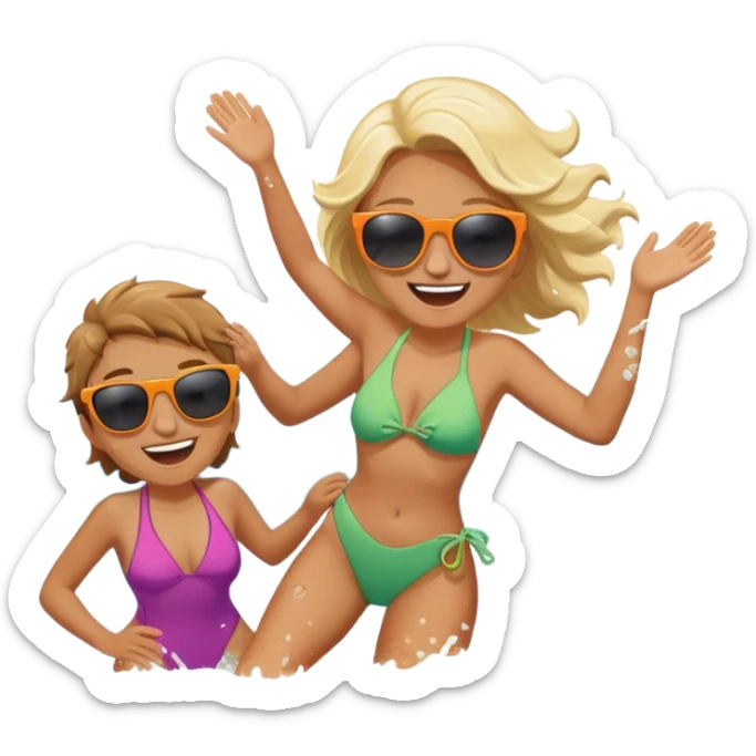 A person splashing water at their friend in the ocean, both laughing as the waves roll around them. The sun shines warmly above, capturing the joy of creating fun, embracing connection, and appreciating the moment with someone who makes life feel lighter.  sticker