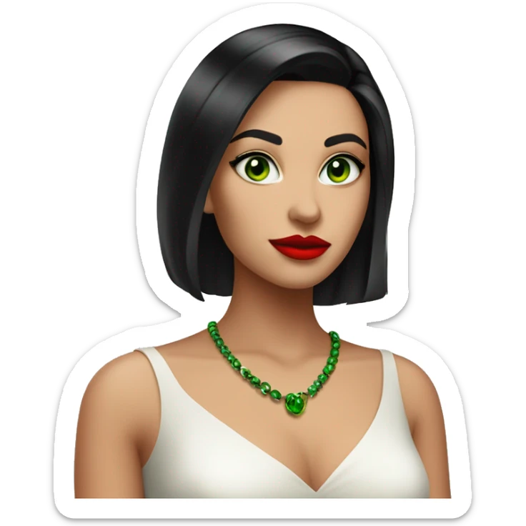 A beautiful, lively, elegant young woman with straight black hair, a beautiful forehead and striking green eyes and strong red lipstick. She is wearing a bright red dress. Her gaze is fixed and enigmatic, she does not smile sticker