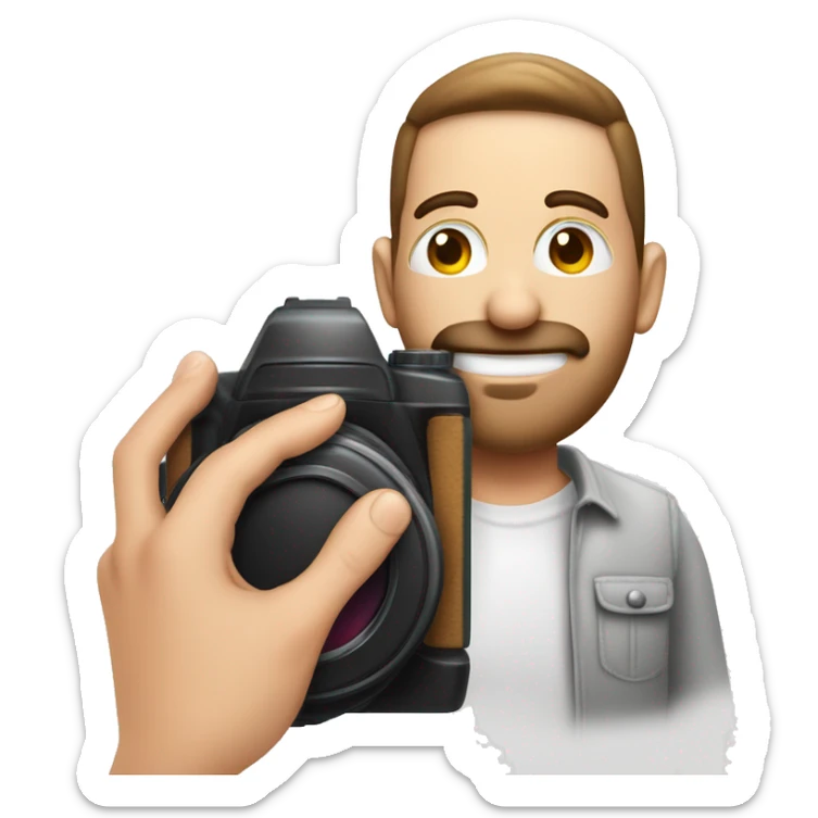 Fotógrafo hombre de piel blanca con cámara fotográfica en la mano sticker