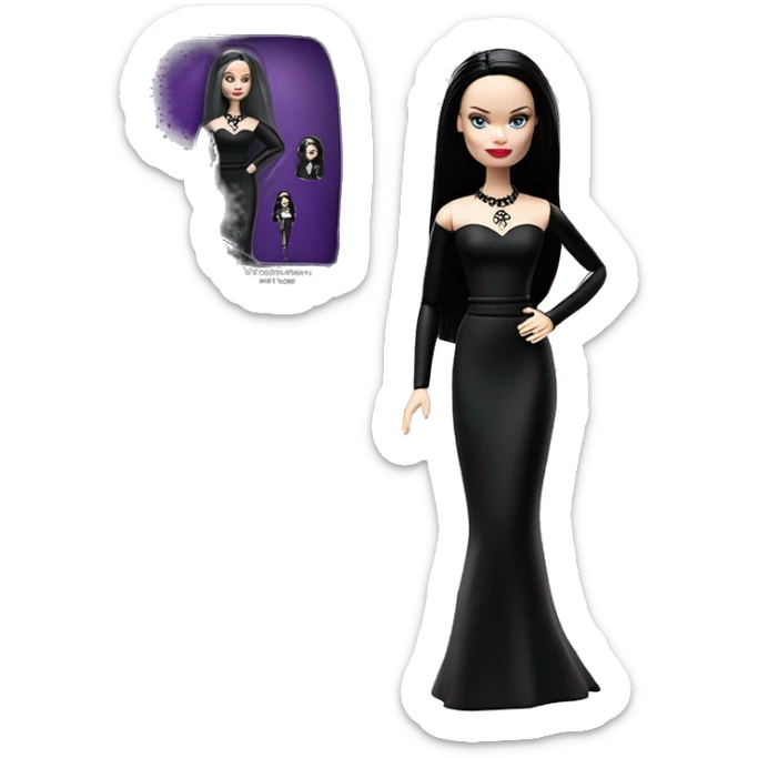  Elegant witch Wednesday Addams Barbie.  Small very light skin face. Earrings with matching necklaces. Long silky raven hair. black flowing strapless tight evening gown neckline that’s off-the-shoulders shows her legs and black high heel shoes.rc car sticker
