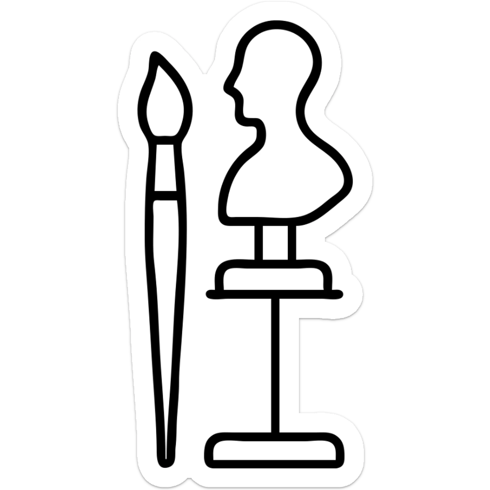 A paintbrush morphing into a metal human sculpture silhouette, symbol of artistic identity, on a display stand sticker