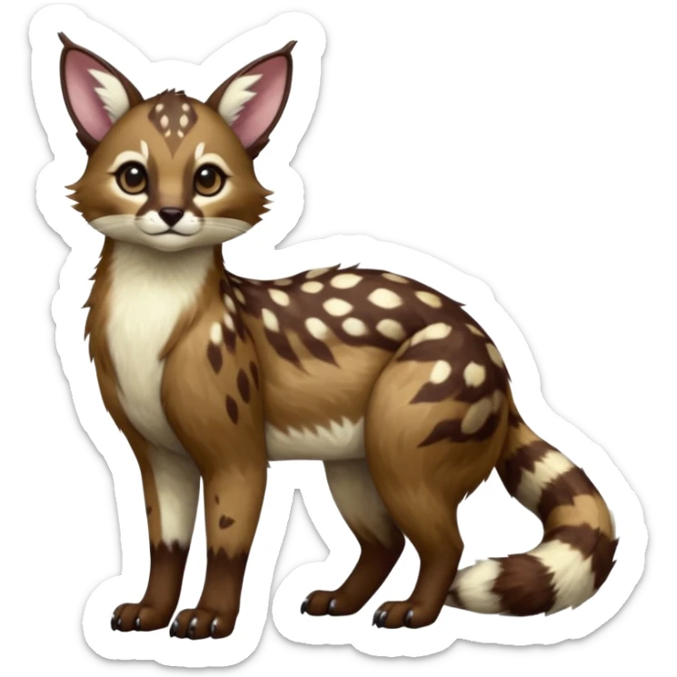 Colorful dark realistic chocolate-brown tropical beige fur glorious divine exotic cute cool beautiful shiny beautiful fantasy-Furret-Eevee-caracal-civet-genet-sergal-vernid-Cacomistle-oncilla-animal-Fakémon-hybrid-fursona with white deer-spots pattern markings (full body) sticker