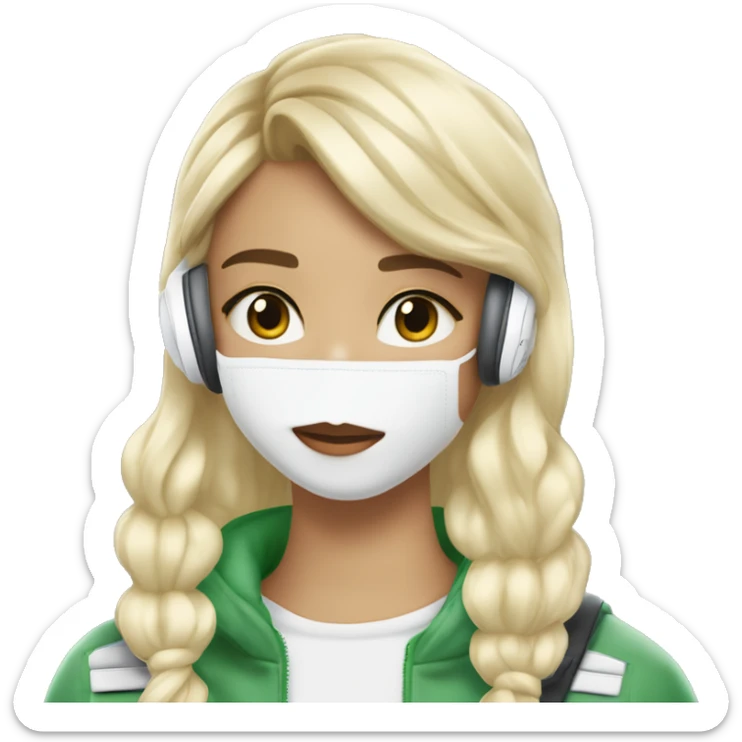 Fille cheveux wayv blond gros au yeux vert claire avec casque AirPod max blanc teint alé et une veste blanche  sticker