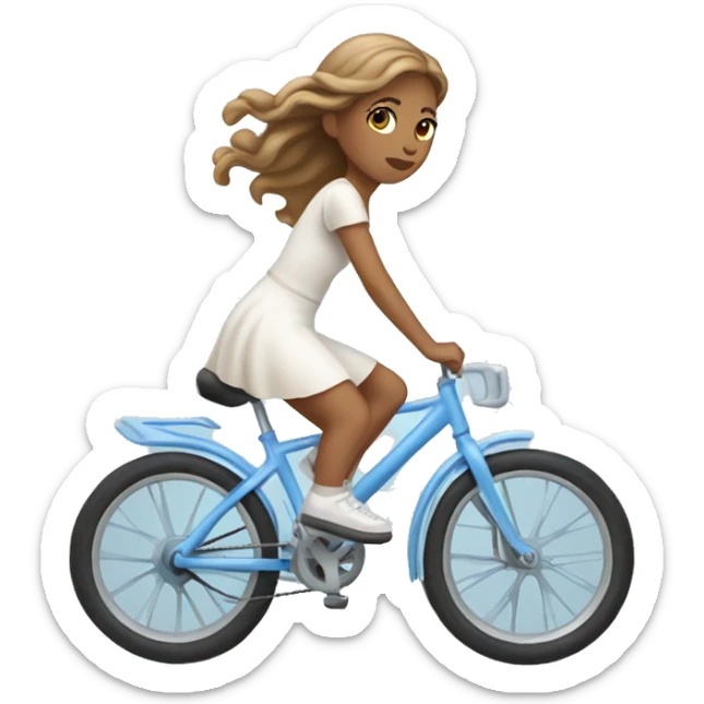 Girl riding very light blue bike, she is wearing white dress, she has long light brown hair and light skin sticker
