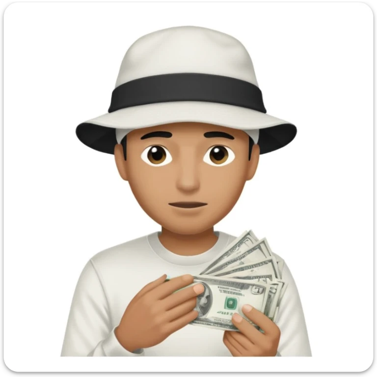 Man with money in his hand covering his face wearing a white and black hat and a Nike tech  sticker