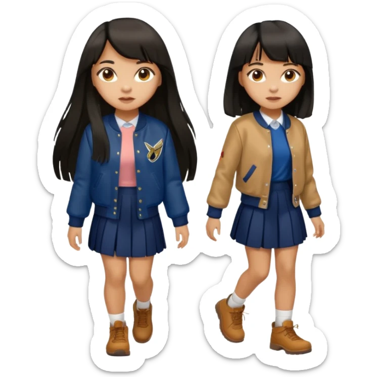 black color long hair with fringe, light skin long hair girl with brown varsity jacket,  navy long long skirt walking

 sticker