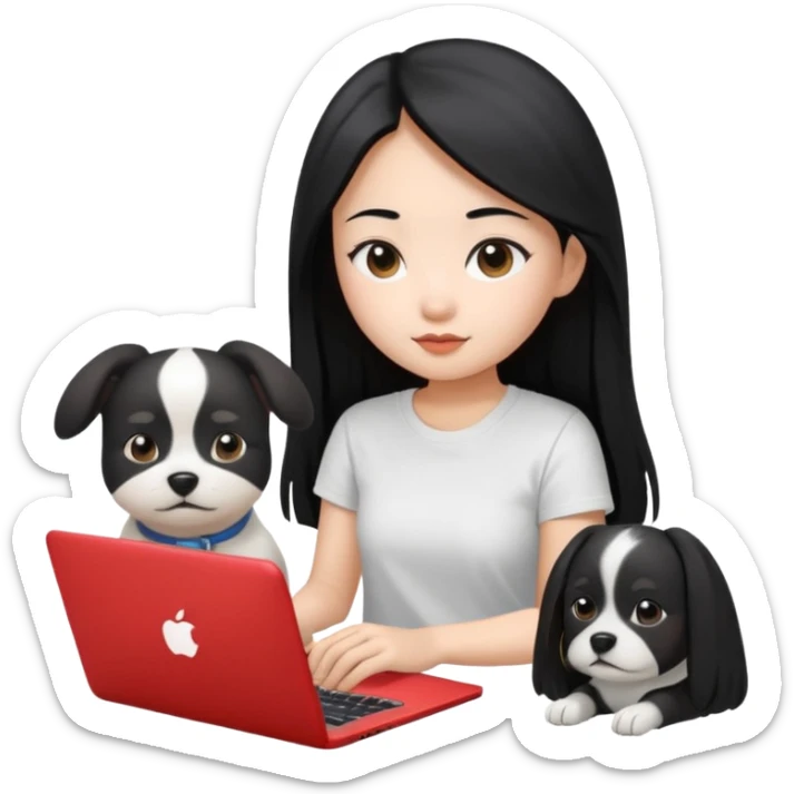 Blue back ground, Asian girl with long black hair , wearing a white t-shirt, working on an Apple laptop, next to her is a small black and white dog sticker