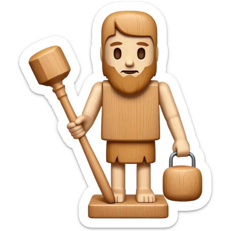 Wood sculpture icon, carved wooden figure, chisel and mallet, natural wood texture, minimalistic style, clean lines, no extra details, on a white background. sticker
