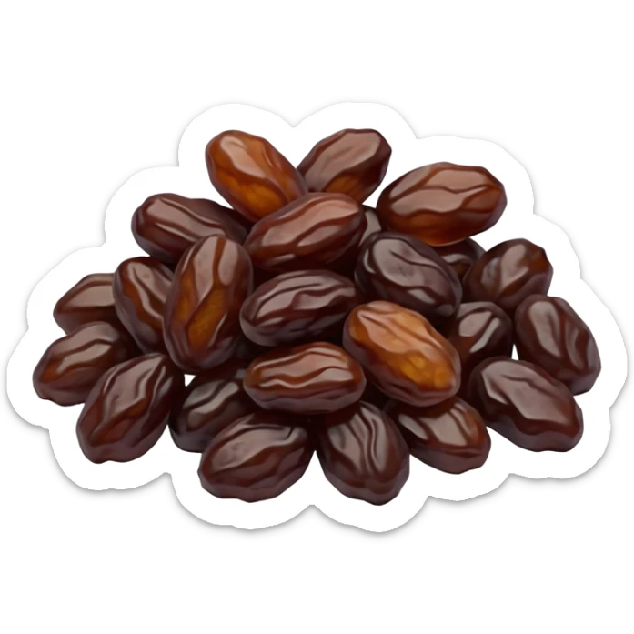dried raisins, small cluster or handful, deep brown to purplish, wrinkled, slightly glossy, irregular shriveled shape, soft curves, subtle texture, no stems, no bowl, no garnish, soft lighting, transparent background, emoji scale sticker