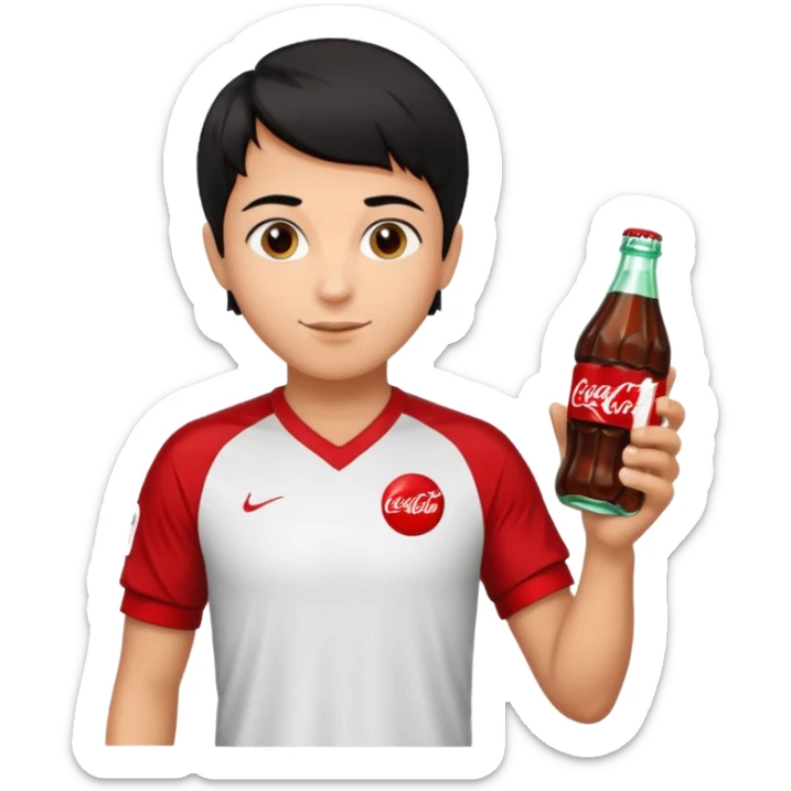 Soccer player with short hair holding a Coca-Cola in his right hand and a candy in his left sticker