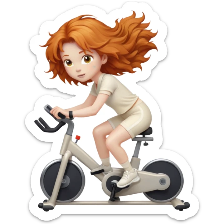 Ginger girl tousled hair riding stationary bike cream outfit sticker