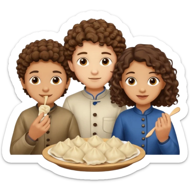 Can you create an emoji of three 23 year olds eating dumplings. One boy with brown curly hair one Jewish girl and one half Indian / half white girl.  sticker