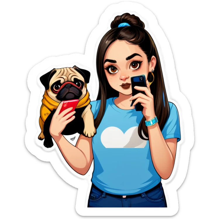 Beautiful young girl with choppy long dark brown hair flows over her her septum piercing is gold and shines as she holds her black phone and her large pug with an underbite layed beside her sticker