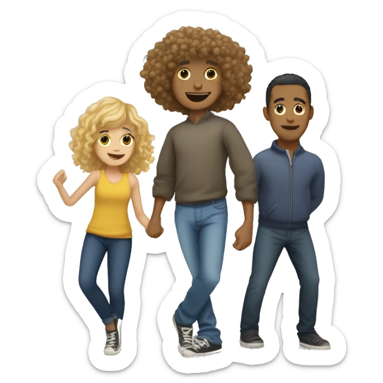 a tall blond man, a biracial girl with bangs, and a biracial man with curly hair on top dancing sticker