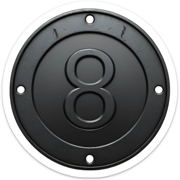 Minimal emoji, gothic metal coin made of black steel, engraved number 8 at the center, ancient industrial aesthetic, worn metal texture, no glow, no neon, flat emoji design, centered, transparent background sticker