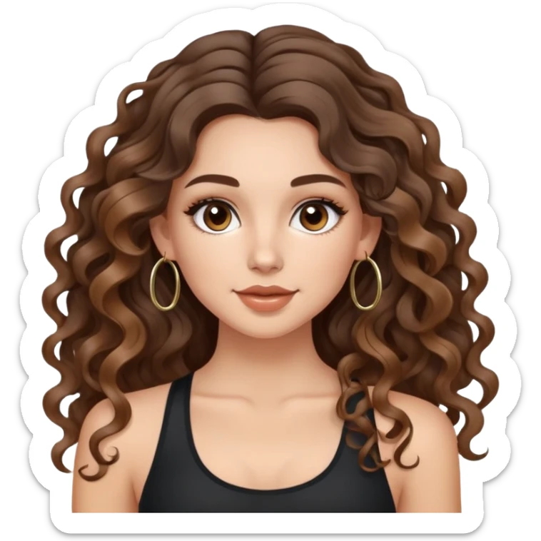 cute girl with not volominous VERY LONG curly/wavy brunette hair with balayage, brown eyes, full lips, natural clean girl makeup and hoop earrings white girl:  DOING PILATES sticker