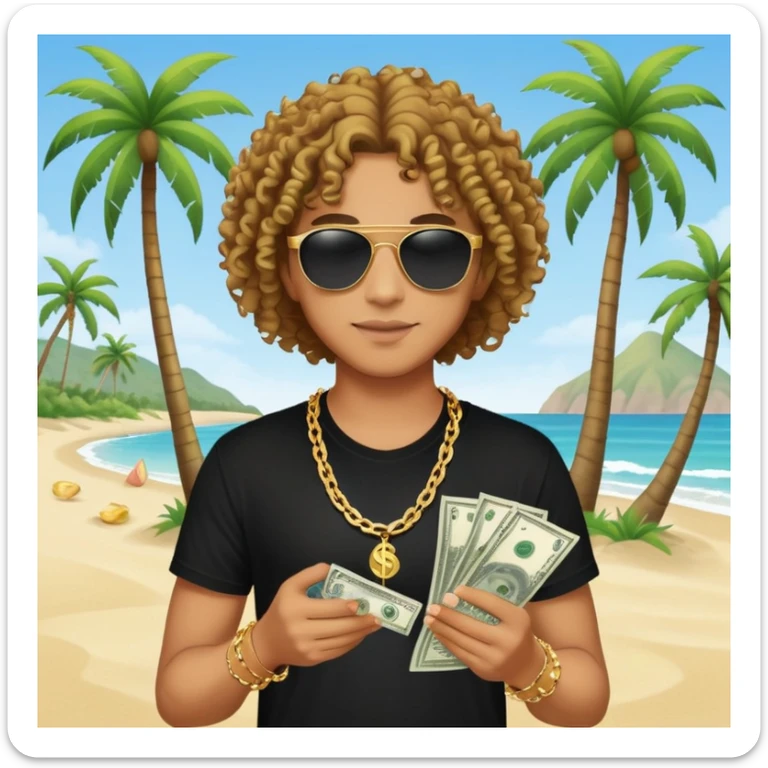 Mixed-race person with curly hair, black t-shirt, gold chain necklace, holding dollar bills in both hands, wearing black sunglasses, beach with palm trees in background sticker