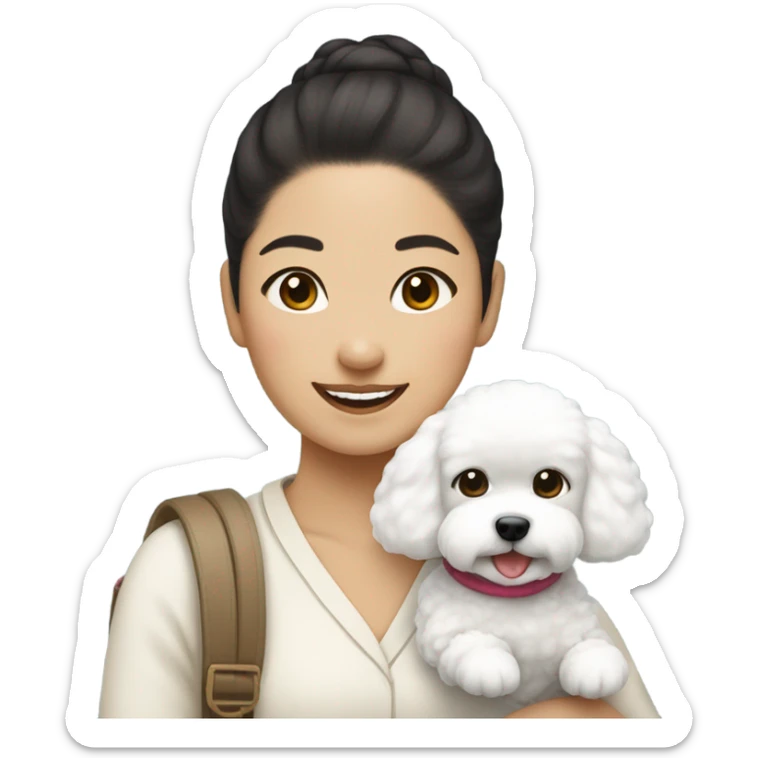 Hair-in-a-bun traveling Asian woman carrying a happy and cute bichon frise sticker