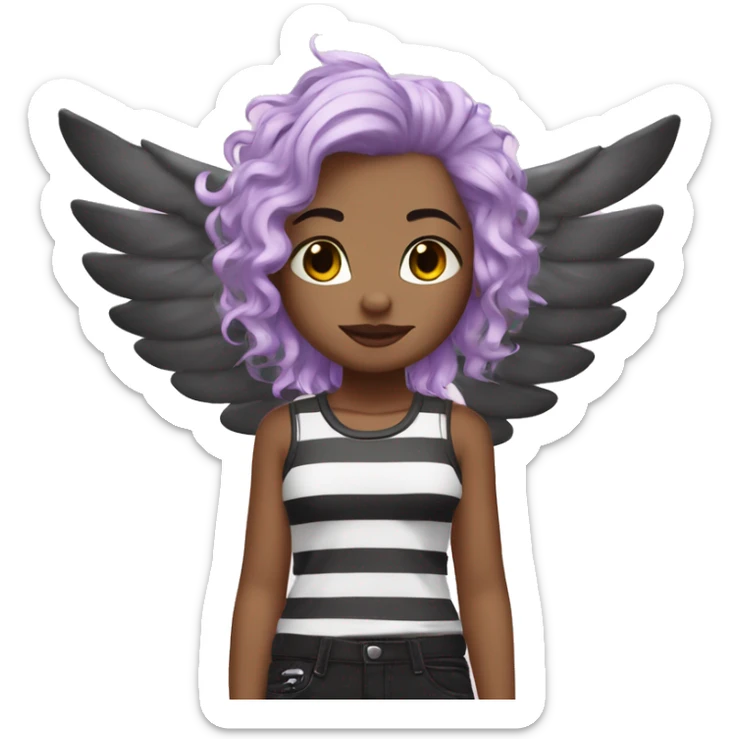 Lili has a heavenly style with a punk touch: lilac hair, short and messy, black and white striped t-shirt, pink pants, laurel wreath, majestic wings. sticker