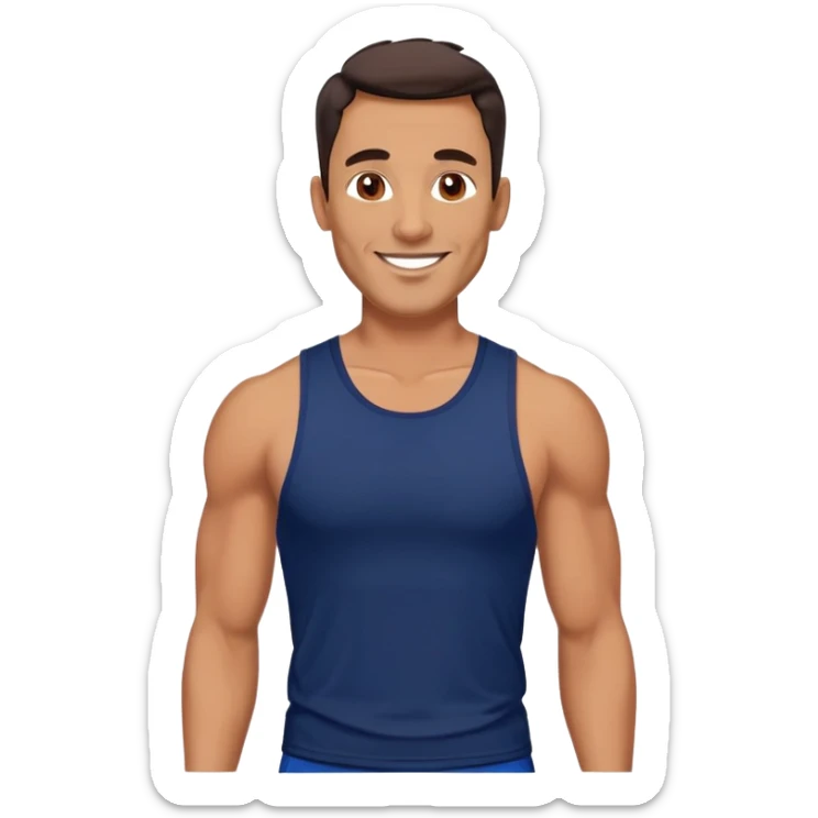 Athletic 40-year-old man with tanned light brown skin. Elongated face with defined jawline. Confident smile. Medium dark eyes, arched eyebrows. Straight nose. Wavy dark hair in a modern cut. Wearing a navy blue tank top showing fit physique. sticker