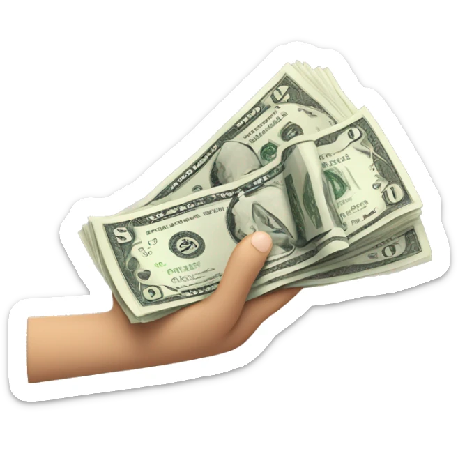 An emoji of a hand that seems to be handing over to the viewer 5 pieces of $100 bills, fanned out. Apple style sticker