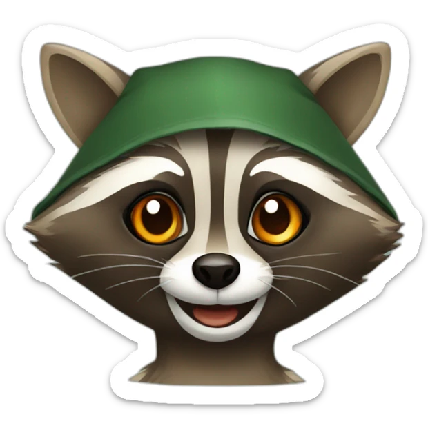 brown raccoon with orange eyes and a dark green hood that is laughing sticker