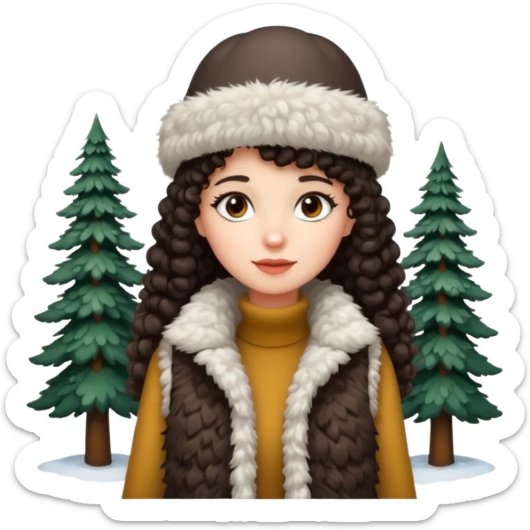 "A girl with curly dark hair 👩🏻‍🦱, wearing a fur hat 👒🦊 and a fur vest 🧥, standing in the snow ❄️ with pine trees 🌲 in the background. Minimalistic emoji style." sticker