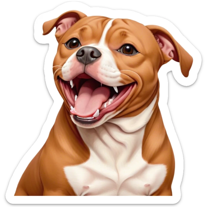 Cinematic Cute Yawning Red/Fawn Staffordshire Bull Terrier Portrait Emoji, Head tilted slightly with a dramatic, wide-open yawn, showcasing a smooth red/fawn Fur with crisp white accents, floppy ears slightly drooping, round dark eyes barely open in drowsy contentment, Simplified yet irresistibly adorable features, highly detailed, glowing with a soft, cozy glow, high shine, relaxed yet expressive, stylized with a touch of whimsy, bright and endearing, soft glowing outline, capturing the essence of a sleepy yet affectionate guardian, so drowsy it feels like it could stretch right out of the screen and curl up for a nap! sticker