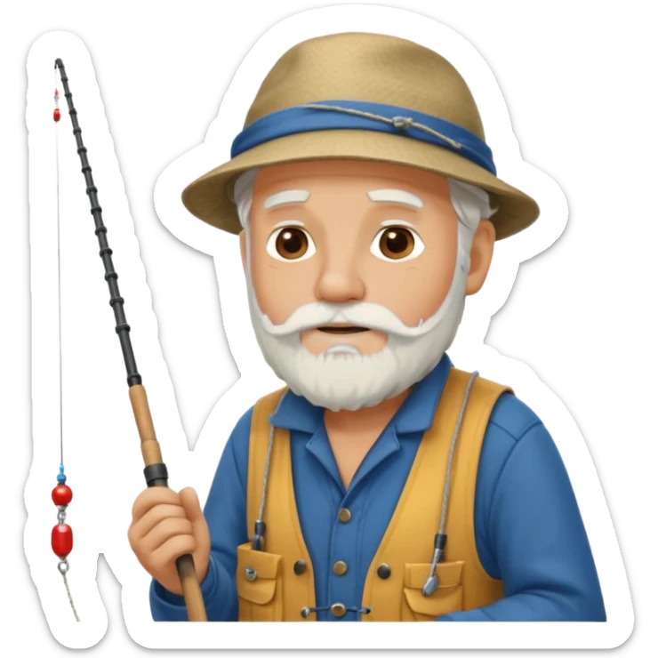 an old white haired, bearded man in fisherman attire, sat in a big boat on the ocean, casting a fishing line into the water sticker