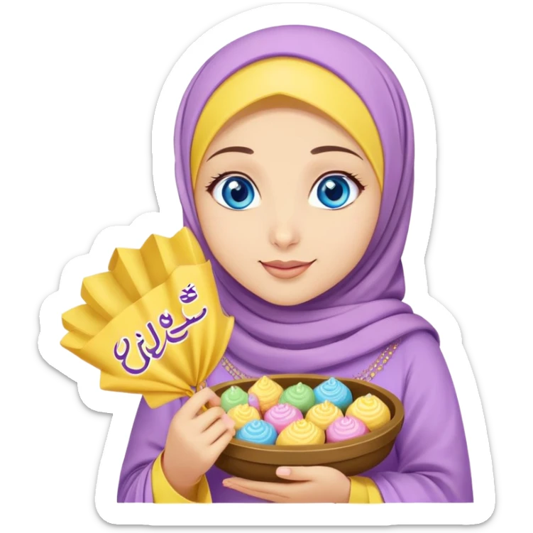 Turkish beautiful finish Konya girl blue eyes with lila yellow hijab islamic dress and had on her hand text Eid Mubarak with sweets and celebrating with her friends eid days   sticker
